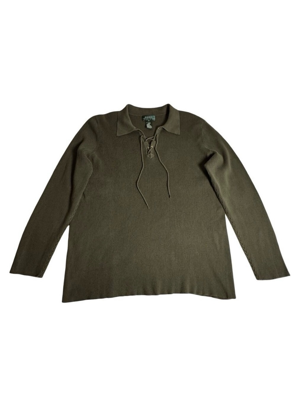 VTG LRL Womens Rib Knit Polo Top Lace Up Neck Sz 1X Cotton Olive Y2K Preppy